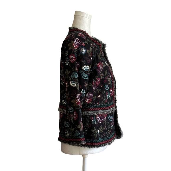 Loft Outlet Black Floral Fringe Embroidered 3/4 Sleeve Open Front Blazer Size 8 - Picture 6 of 12